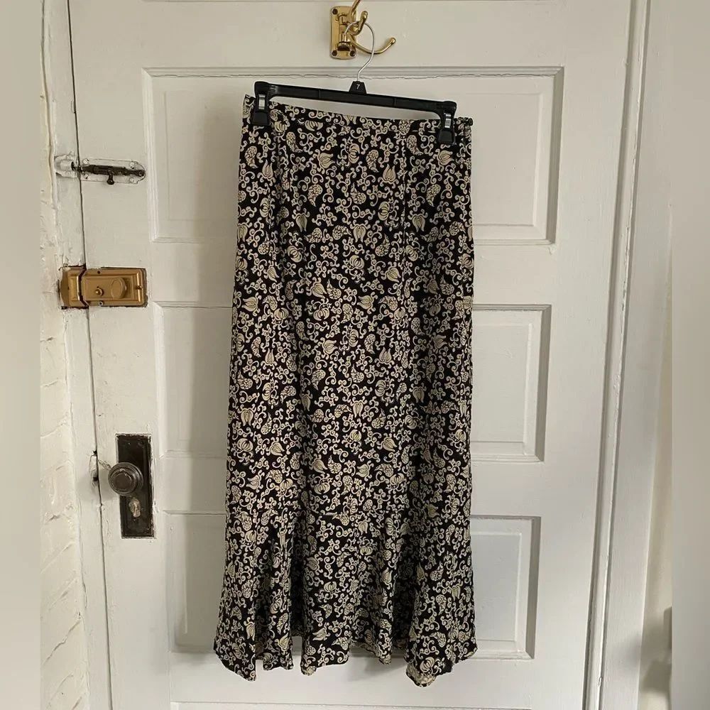 Vintage Putumayo Silk Floral Skirt Black Cream Boho Romantic Cottagecore Size S